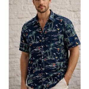 Mens Linen Hawaiian Shirt Lands End L Navy Tropical Palm Tree Aloha Vacation